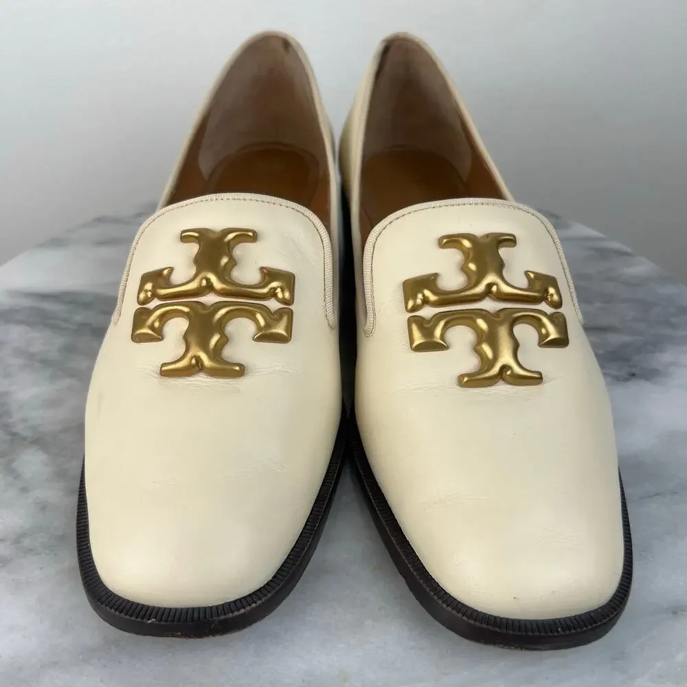 Tory Burch Eleanor Logo Block Heeled Shoes Ivory Leather Slip In Loafer (Sz 8.5)